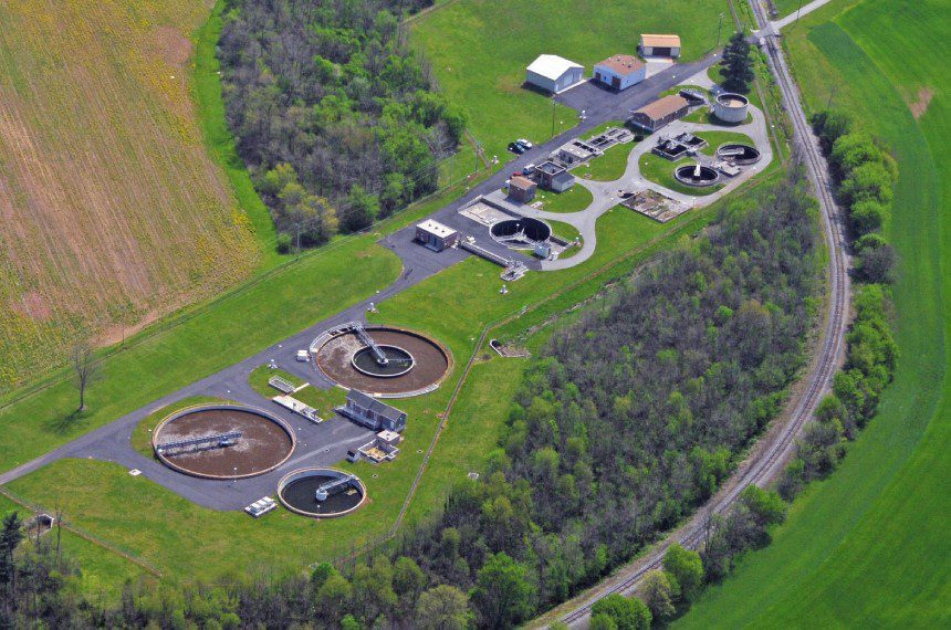 An aerial view of a wastewater treatment plant.